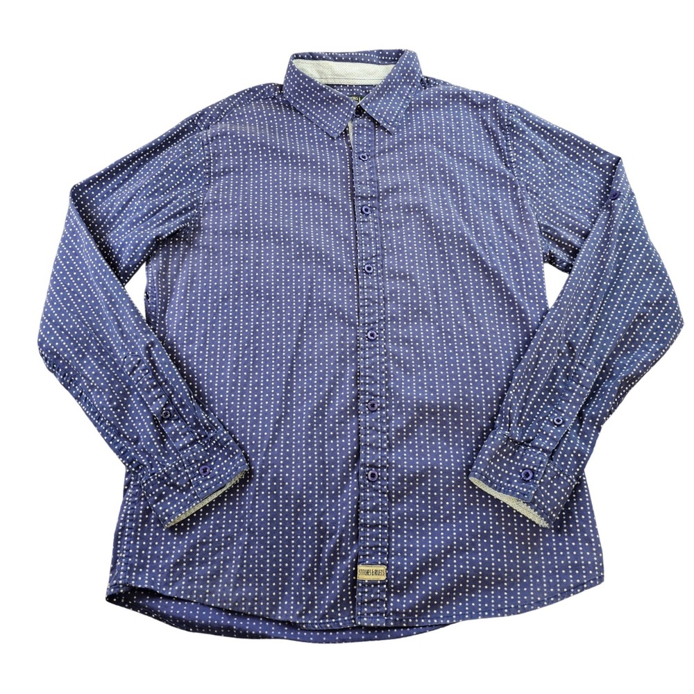 Stitches & Rivets Shirt Men's Large Navy White Polka Dot Long Sleeve Button-Up‎